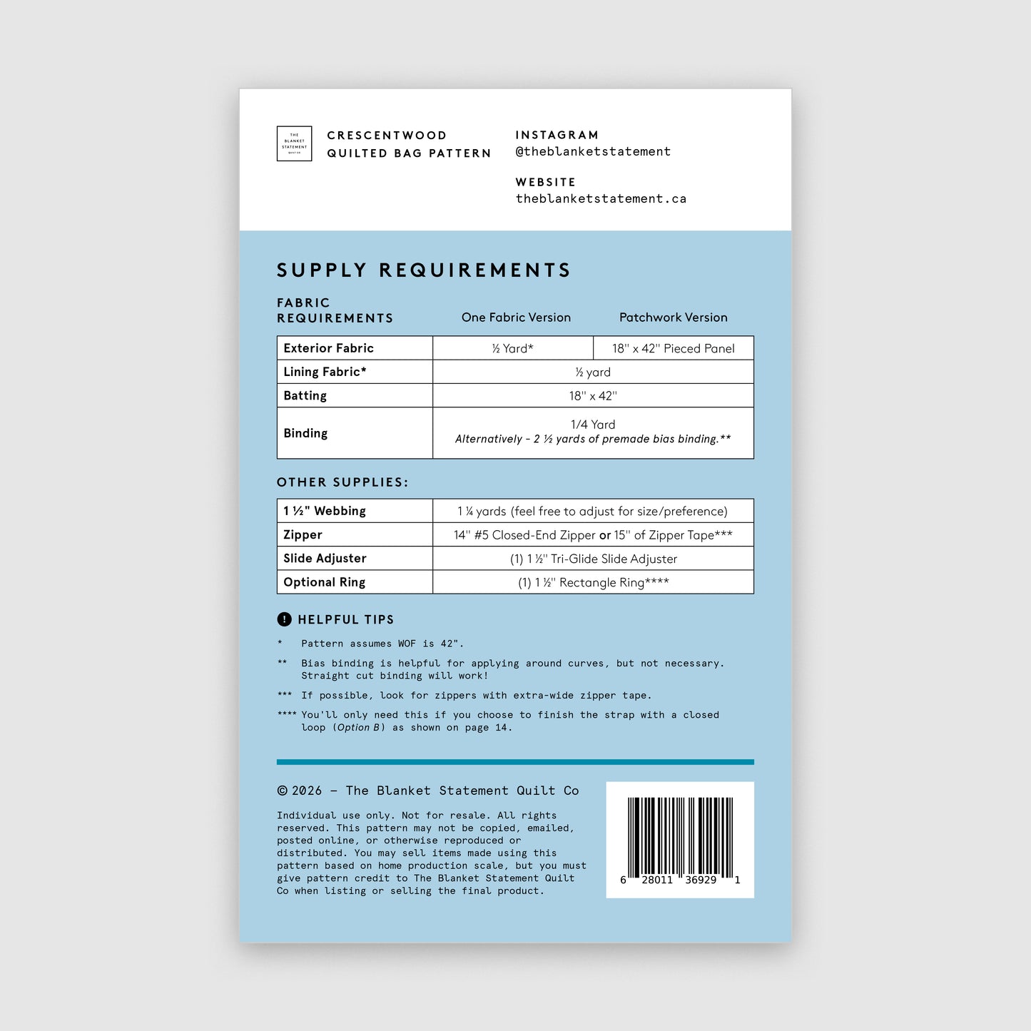 Crescentwood Quilted Bag Paper Pattern